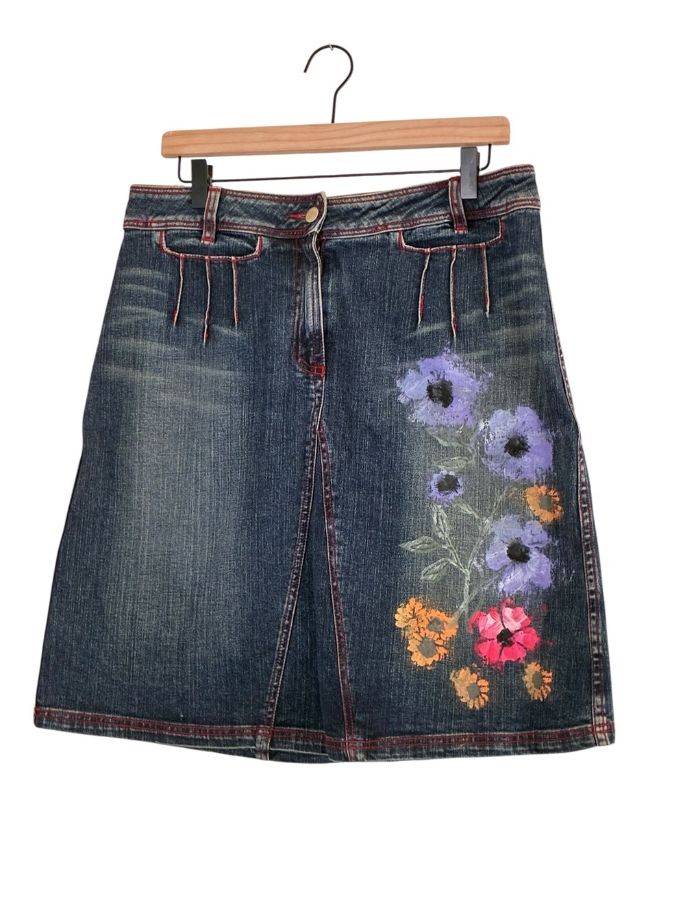 5/48 | Vintage Y2K 2000’s painted floral midi jean skirt classic denim size 12